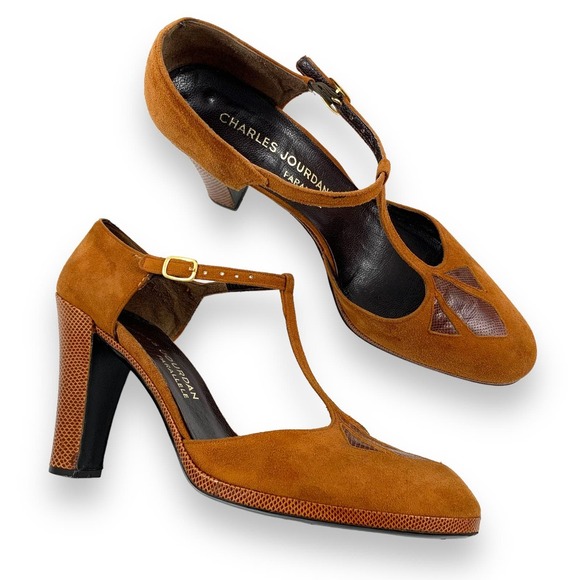 1970's CHARLES JOURDAN Paris suede and snakeskin T-strap high heel shoes - Picture 13 of 15